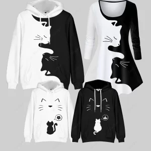 Kids Front Pocket Cartoon Cat Printed Pullover Hoodie