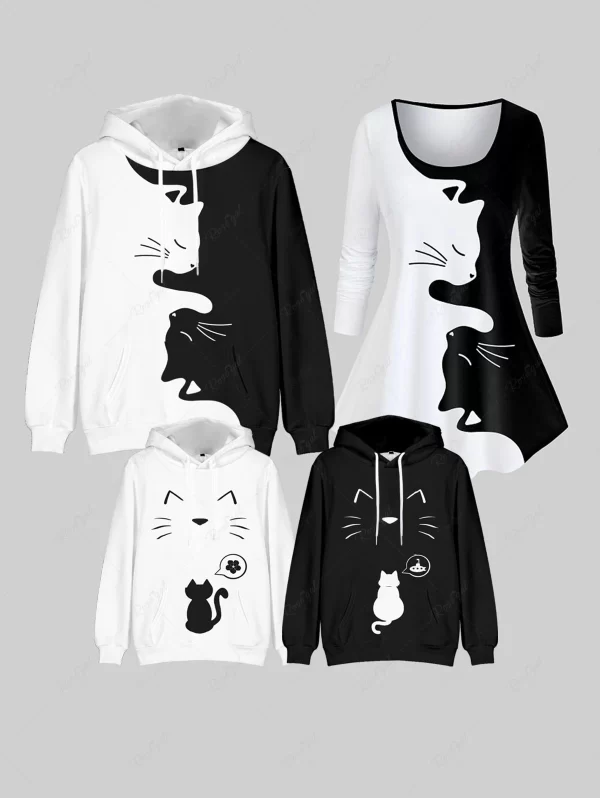 Kids Front Pocket Cartoon Cat Printed Pullover Hoodie
