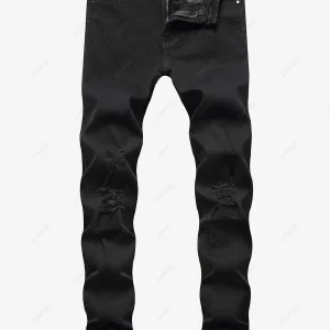 Solid Color Frayed Ripped Zipper Fly Jeans