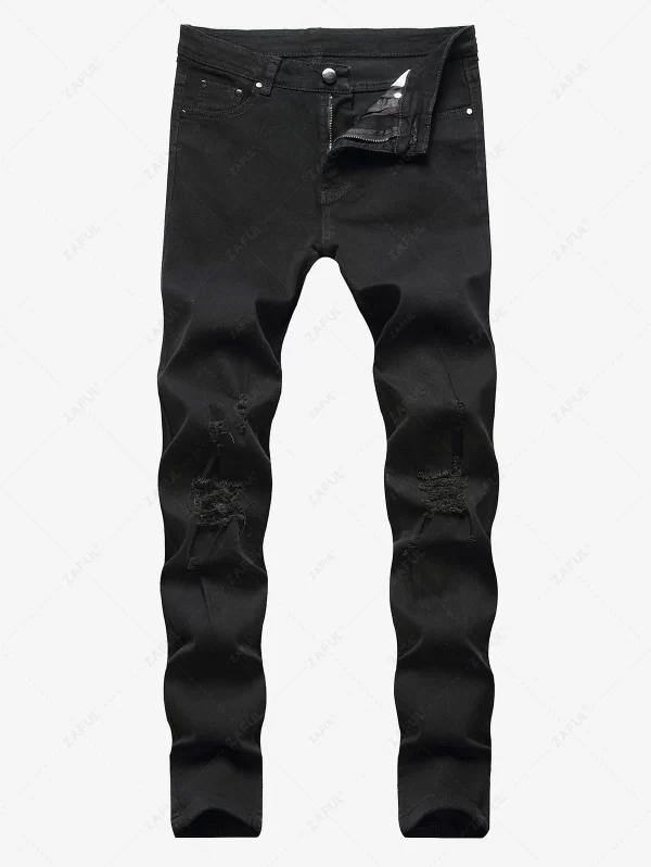 Solid Color Frayed Ripped Zipper Fly Jeans