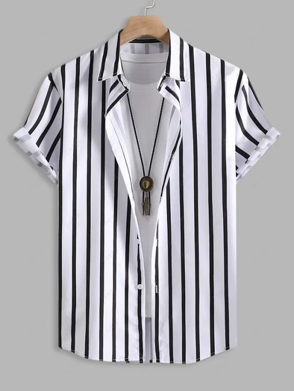 Men's Button Up Vertical Striped Short Sleeve Casual Summer Beac