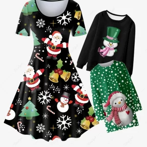 Kid Christmas Polka Dot Snowman Print Long Sleeve T-shirt Dress