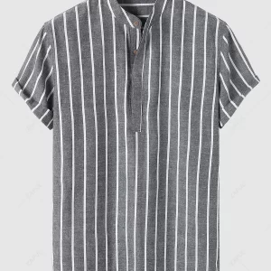 Half Buttoned Casual Vertical Striped Office Pullover Shirt