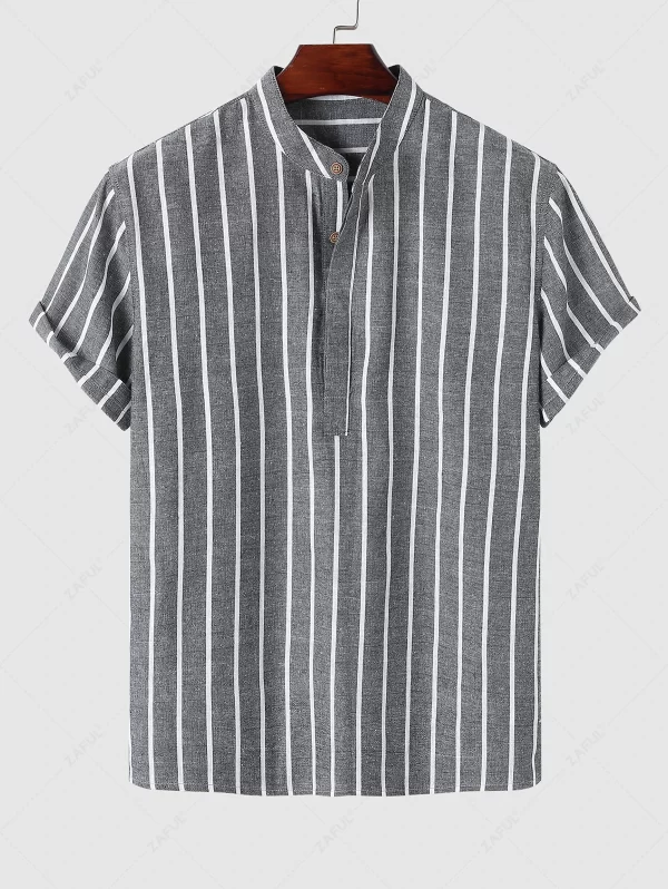 Half Buttoned Casual Vertical Striped Office Pullover Shirt