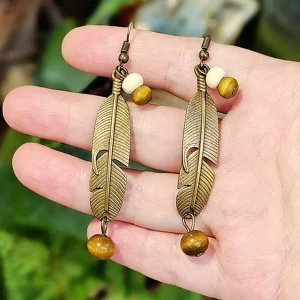 Vintage Asymmetric Feather Bead Drop Earrings