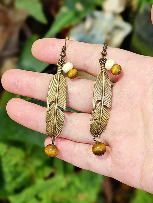 Vintage Asymmetric Feather Bead Drop Earrings